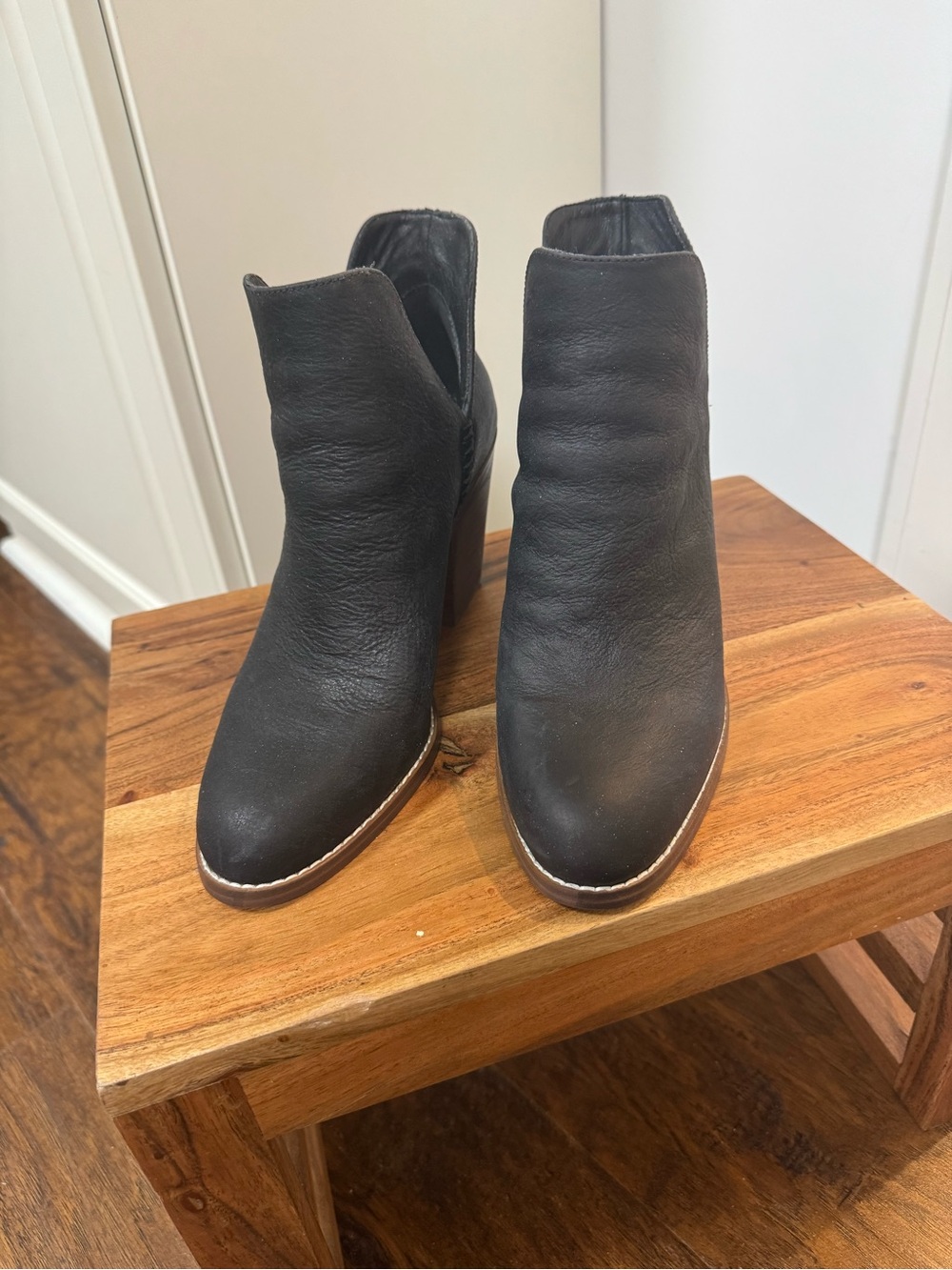 Crown Vintage Black Leather Ankle Booties with Stacked Heel